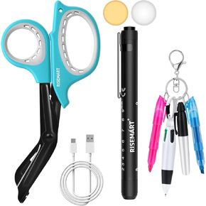 Rechargeable Pen light & Medical Scissors for Nurse -7.5"Trauma Shears Warm/white Penlight with Pupil Gauge,with 4 Pen Set for Nurse,Nursing Student, Doctor #Pink Bandage Scissors +Silver Pen Light