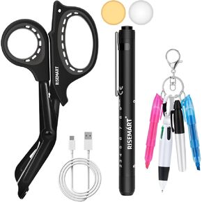 Rechargeable Pen light & Medical Scissors for Nurse -7.5"Trauma Shears Warm/white Penlight with Pupil Gauge,with 4 Pen Set for Nurse,Nursing Student, Doctor #Pink Bandage Scissors +Silver Pen Light