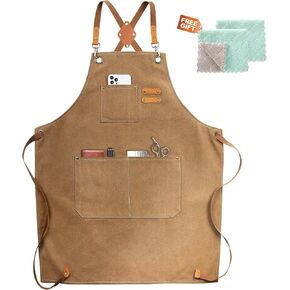Chef Apron, Cotton Canvas Cross Back Apron with Pockets for Women and Men,Adjustable Strap and Large Pockets Apron,Kitchen Cooking Baking Bib Apron
