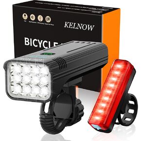 Bike Lights for Night Riding, 12 LED 60H Runtime Super Bright Aluminum Bicycle Light Front and 40H Runtime Taillight, IPX6 USB Rechargeable LED Headlight Rear Light Adult