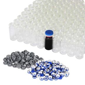 10ml Clear Glass Vials-2-1/2 Dram Clear Glass Headspace Vials with Plastic-Aluminum Flip Caps and Rubber Injection Stoppers, 100 Pack, 20mm Flat Bottom Lab Vial