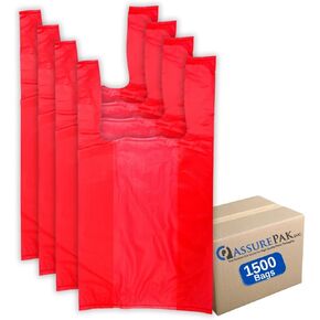 Red Colored Unprinted Plastic T-Shirt Bags - 1/10 BBL 8"X4"X15" - 1500 Bags - 14 microns - Red - For Retail, Commercial, Home