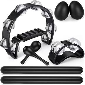 8 Pcs Tambourines for Adults, Hand Held Half Moon Tambourine Foot with Bells Wood Rhythm Sticks Egg Shakers Musical Hand Percussion Instrument Set for Church KTV School Party Music Supplies