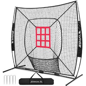 BAGAIL 7x7 ft Baseball & Softball Practice Net with Bow Frame for Batting, Hitting, Pitching, Portable Baseball Throwing Net with Strike Zone, Carry Bag, Baseball Training Aid for All Levels