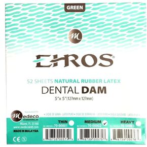 Rubber Dental Dam 5"x 5" Medium Green Latex 52 Sheets EHROS