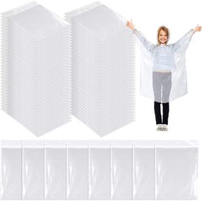 80 Pcs Disposable Rain Ponchos for Kids Bulk Thicker Emergency Plastic Raincoats with Drawstring Hood Elastic Sleeves