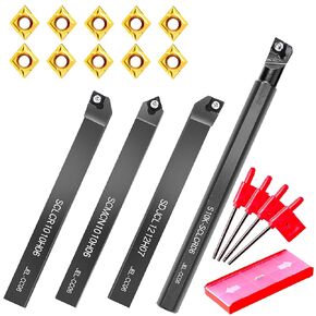 Lathe Turning-Tools Bit Set 14pcs - Metal Lathe Cutting Tools 4pcs 3/8" Shank Turning Holders Threading Holder Boring Bars+10pcs Indexable Carbide Inserts CCMT060204 for Lathe Tools