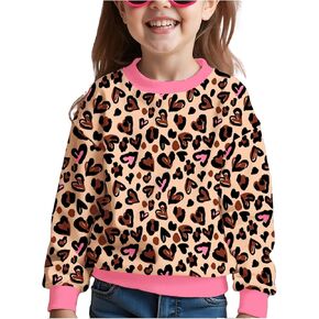 Girl's Heart Leopard Print Sweatshirts Crewneck Long Sleeve Casual Y2k Pullovers