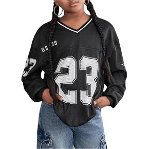 WDIRARA Girl's Y2k Jersey Sweatshirt Oversized Mesh Number Graphic V Neck Long Sleeve Pullover Tops