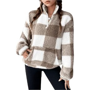 COZYEASE Girl's Plaid Quarter Zip Pullover Top Long Sleeve Fuzzy Teddy Sweatshirt with Pocket