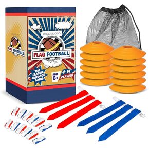Play Platoon 14 Player Flag Football Set - 14 Adjustable Youth & Adult Flag Football Belts, 42 Flag Football Flags, 12 Field and End Zone Cone Markers & 1 Mesh Bag