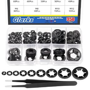 Glarks 351pcs 65Mn-Steel Internal Tooth Star Lock Washers Assortment Kit M2 M2.5 M3 M4 M5 M6 M8 M10 M12 Quick Speed Locking Washers Push on Locking Washers