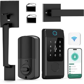 WiFi Front Door Lock Set - Miuedo Keyless Entry Smart Locks Handle Set, Fingerprint Smart Alexa Lock - Smart Deadbolt Lock with Handle Latch - WiFi Access Bluetooth APP-Black