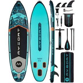 11'6"×34"×6" Extra Wide Inflatable Paddle Board, Stand Up Paddle Board for Fishing, Sup Board with 3 Removable Fins, Dual Bungees, Camera Mount, Hand Pump, Strong Paddle, 5L Dry Bag, Leash