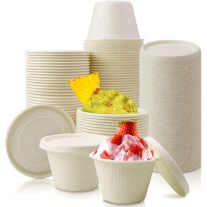Vmiapxo 100 Pack 4oz Disposable Paper Cups with Lids, Ice Cream Cups, Natural Bagasse Fiber Recycleable Paper Bowls for Small Portion Condiments, Sauce, Souffle