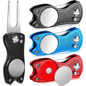 3 Pieces Golf Divot Repair Tool Stainless Steel Foldable Golf Repair Tool Magnetic Golf Ball Marker Tool with Pop Up Button Portable Golf Repair Tool (Black, Red, Blue)