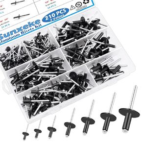 210pcs Black Pop Rivets Assortment Kit,7 Sizes Large Flange Aluminum Rivets(1/8 inch 3/16 inch 1/4 inch),Assorted Blind Rivets for DIY/Automotive Repairs/with Box