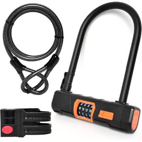 Bike U Lock with Steel Cable, Heavy Duty Anti-Theft Bike U Lock, 4-Digit Resettable Combination Lock for Bicycle, E-bike, Motorcycle, Escooter, Electric Moped Lock, Bike Accessories, Combo Lock