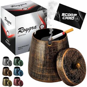roygra Ashtray with Lid, Windproof Smokeless Odorless Metal Tabletop Ash Tray for Outdoor Indoor Home Office Patio Balcony Decoration – Bronze, Small (3.81 x 3.08 x 3.08’’)