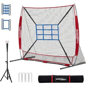 7x7 FT Baseball Net for Batting Pitching Hitting, Baseball Pitching Net, Softball Net with Batting Tee, Strike Zone, Baseball Training Equipment for Kids Adult Youth Sport Practice