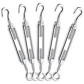 Eyourlife 5 PCS 304 Stainless Steel Turnbuckle Hook, Heavy Duty Shade Sail Hardware Adjustable Wire Rope Tensioner (M4, Hook & Eye)