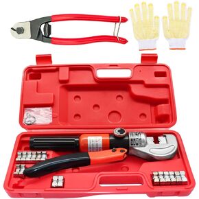 CKE Upgraded Hydraulic Cable Crimper Hand Tool for 1/8, 3/16 Stainless Steel Cable Railing Fittings - Wire Swaging Tool-10 Ton and Stainless Steel Cable Cutter - Heavy Duty Head with 9 Dies