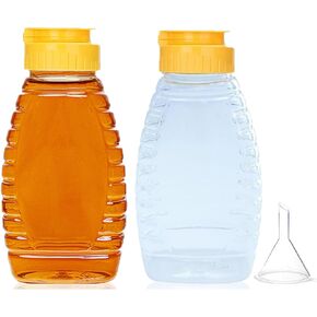 2 Pack Empty Plastic Honey Bottles with Funnel, 180ml Squeeze Honey Jars Leakproof Honey Dispenser No Drip Lids Condiment Container for Ketchup Mustard Salad Dressing Sauce Syrup Oil Epoxy, BPA Free