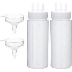 3 Hole Squeeze Bottle 2 Pcs Sauce Bottles squeeze Ketchup Bottles Tomato Sauce Dispensers for Ketchup BBQ Dressing Paint Workshop Pancake Art Craft with 2 Funnels,10oz 300ml