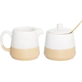 Bosmarlin Ceramic Sugar and Creamer Set, Sugar Bowl with Lid and Spoon, 3 Piece Set with Cream Pitcher, White Coffee Serving Set (White)
