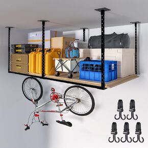 Overhead Garage Storage Rack, 4 * 8 Heavy Duty Metal Garage Ceiling Storage Rack, Adjustable Garage Storage Systerm, 1320Lbs Load Capacity, with Bottom Plate, 5 Hooks for Free, Black