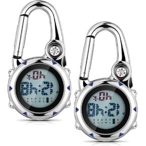 Misdary 2 Pack Clip on Watches Digital Pocket Watch Carabiner Watches Quartz Watch Backpack Fob Belt Watch Hanging Glow in Dark with Alarm Clock Date Week Men Women Nurse Outdoor Sport Climbing Hiking