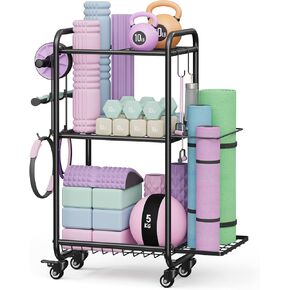 Weight Rack for Home Gym, All in One Yoga Mat Storage Rack, Workout Equipment Storage with Wheels and Hooks for Dumbbells Kettlebells Foam Rollers, Powder Coated Finish Steel