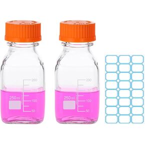 PATIKIL 2 Pack Reagent Media Storage Bottles, 500ml Borosilicate Glass Graduated Square Bottles with Blue GL32 Screw Cap and 24 Pcs Labels for Lab Water Reagent Liquids, Clear