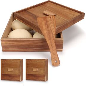 Acacia Wood Pizza Dough Proofing Box With Lid Set-2 Pack, Large 12 x 12 Inch Pizza Dough Proofing Container Vintage Proofing Container Tray With Spatula For Pizza Bread Dough