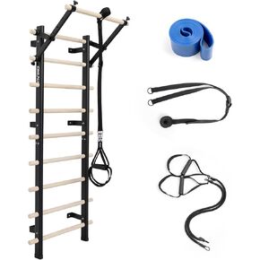 Swedish Ladder, Wood Stall Bar with Suspension Trainer Straps, Pull-Up Dip Bar Attachment, Strategic Rods, for Home, School, hysical Therapy and Gymnastics