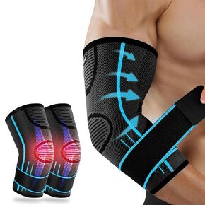 Elbow Brace with Strap - 𝟐 𝐏𝐚𝐜𝐤 Elbow Compression Sleeve, Adjustable Tennis Elbow Brace for Men Women Elbow Sleeve Soothing Joint Discomfort for Weightlifting Workouts Arm Brace Blue (Medium)