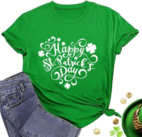 Happy St Patrick's Day Cotton Shirt for Women Clover Graphic Print Summer Athletic Short Sleeve Roundneck Casual Tee Tops in Saudi Arabia