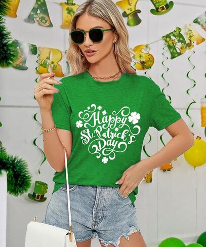 Happy St Patrick's Day Cotton Shirt for Women Clover Graphic Print Summer Athletic Short Sleeve Roundneck Casual Tee Tops in Saudi Arabia