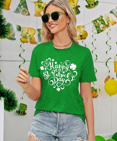 Happy St Patrick's Day Cotton Shirt for Women Clover Graphic Print Summer Athletic Short Sleeve Roundneck Casual Tee Tops in Saudi Arabia