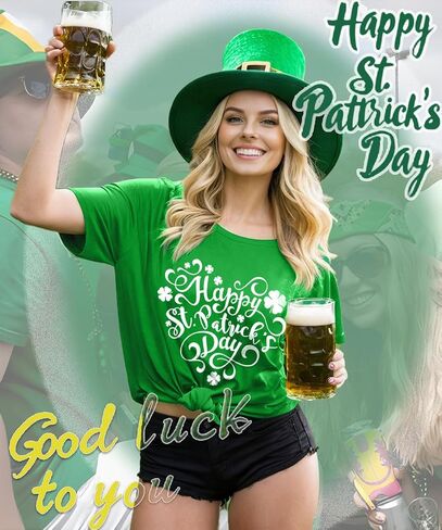 Happy St Patrick's Day Cotton Shirt for Women Clover Graphic Print Summer Athletic Short Sleeve Roundneck Casual Tee Tops in Saudi Arabia
