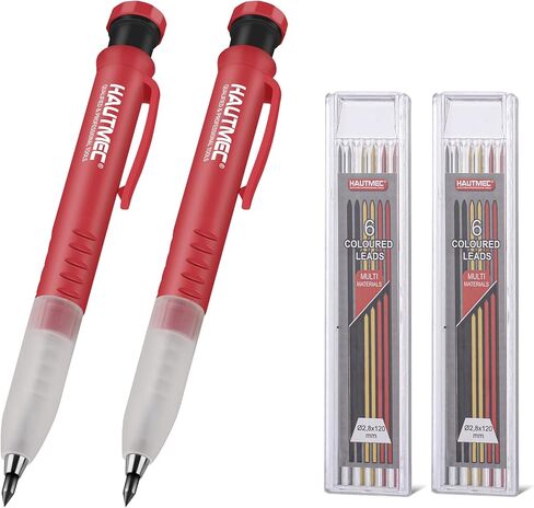 HAUTMEC 3-in-1 Carpenter Pencils with Removable Finger Grip, Built-in Sharpener and 7 Leads (3 Colors), Mechanical Construction Pencil for Deep Marking Scribing, Pro Tracer Pencil, HT0293-DM in Kuwait