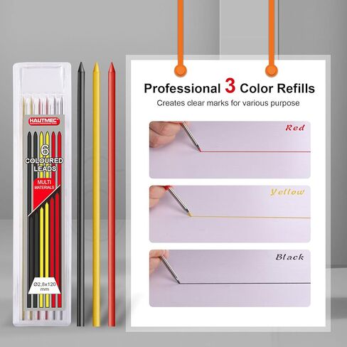 HAUTMEC 3-in-1 Carpenter Pencils with Removable Finger Grip, Built-in Sharpener and 7 Leads (3 Colors), Mechanical Construction Pencil for Deep Marking Scribing, Pro Tracer Pencil, HT0293-DM in Kuwait
