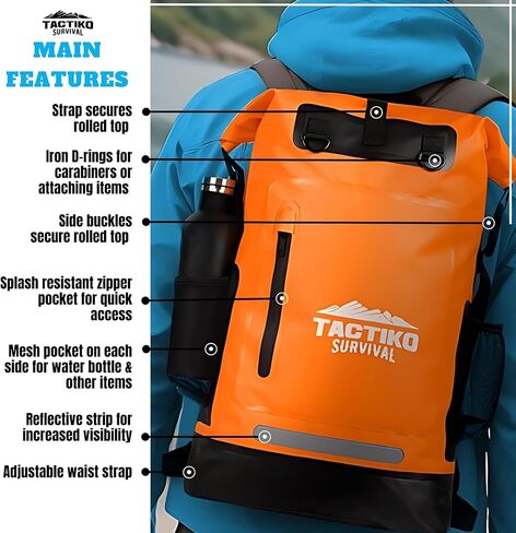 حقيبة ظهر TACTIKO 30L شديدة التحمل مقاومة للماء بنسبة 100%، حقائب جافة عائمة قابلة للطي للتجديف بالكاياك وركوب القوارب والتجديف والمشي لمسافات طويلة والتخييم والبقاء على قيد الحياة والسفر (مموه أسود) in Saudi Arabia