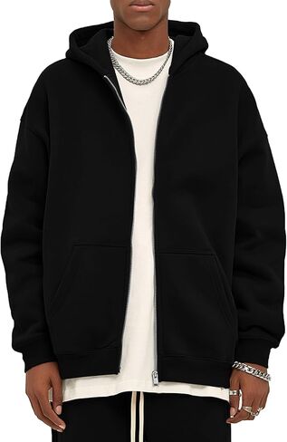 Flygo Mens Zip Up Hoodies Oversized Fleece Long Sleeve Drop Shoulder Hooded Sweatshirt Trendy Vintage Streetwear in Kuwait