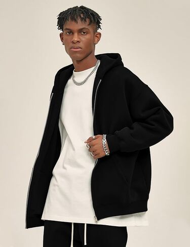 Flygo Mens Zip Up Hoodies Oversized Fleece Long Sleeve Drop Shoulder Hooded Sweatshirt Trendy Vintage Streetwear in Kuwait