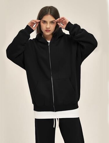 Flygo Mens Zip Up Hoodies Oversized Fleece Long Sleeve Drop Shoulder Hooded Sweatshirt Trendy Vintage Streetwear in Kuwait