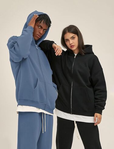 Flygo Mens Zip Up Hoodies Oversized Fleece Long Sleeve Drop Shoulder Hooded Sweatshirt Trendy Vintage Streetwear in Kuwait