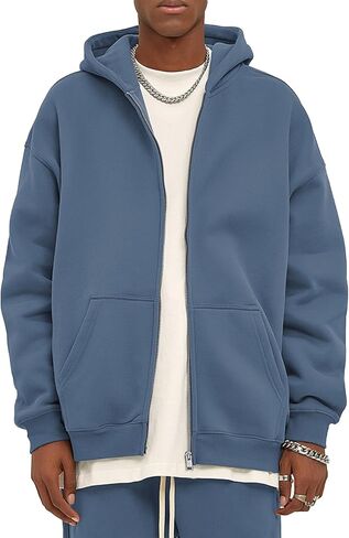 Flygo Mens Zip Up Hoodies Oversized Fleece Long Sleeve Drop Shoulder Hooded Sweatshirt Trendy Vintage Streetwear in Kuwait