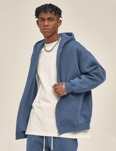 Flygo Mens Zip Up Hoodies Oversized Fleece Long Sleeve Drop Shoulder Hooded Sweatshirt Trendy Vintage Streetwear in Kuwait