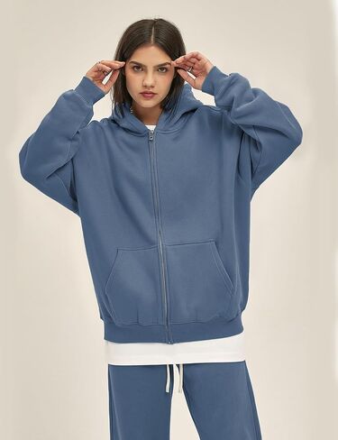 Flygo Mens Zip Up Hoodies Oversized Fleece Long Sleeve Drop Shoulder Hooded Sweatshirt Trendy Vintage Streetwear in Kuwait